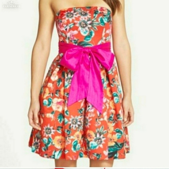 Eliza J Tropical Orange & Pink Bow Floral Dress - Picture 1 of 7